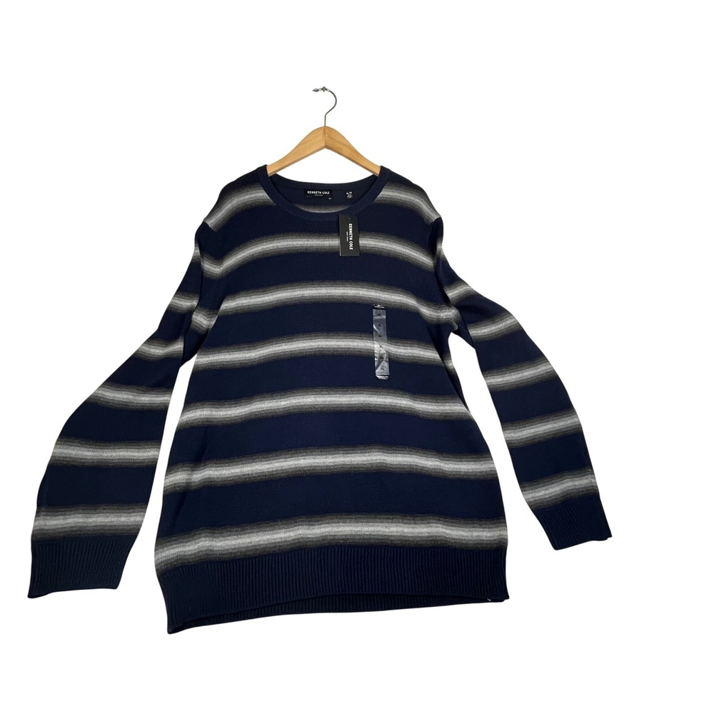 Kenneth Cole New York Mens XL Striped Crewneck Sweater Navy Blue Grey Knit
